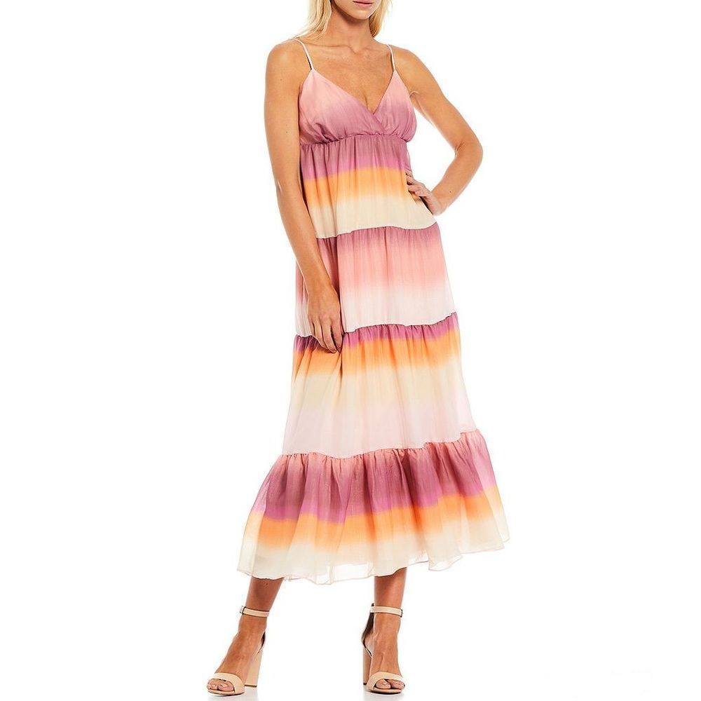 WAYF
Dip Dye Print Surplice V-Neck Sleeveless Tiered Midi Dress